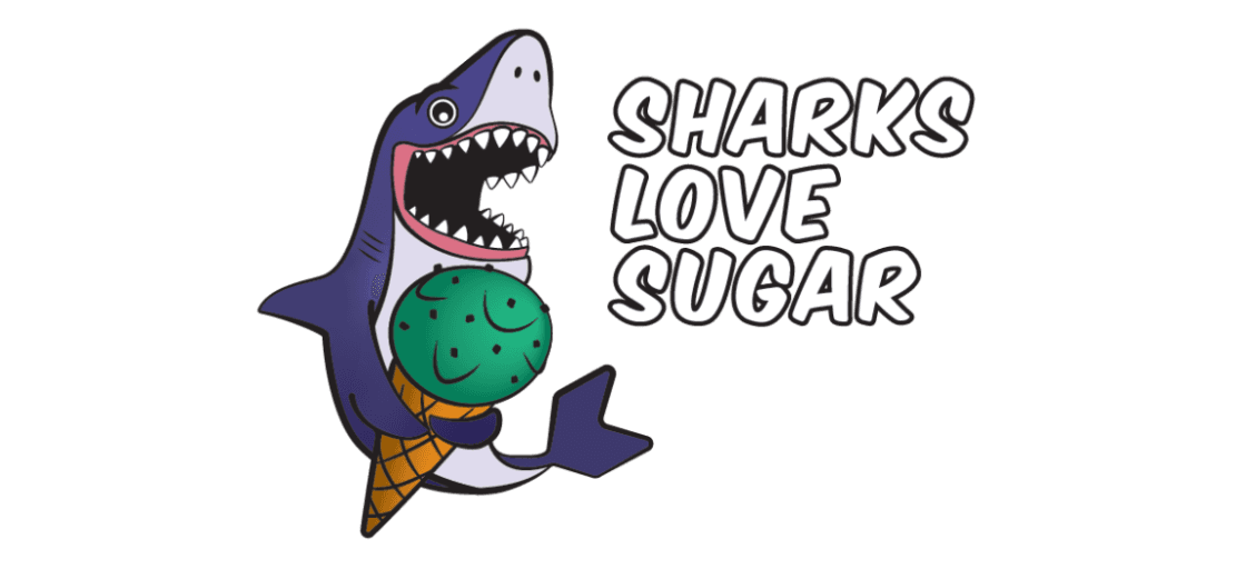 Shark holding ice cream cone with text 'Sharks Love Sugar'