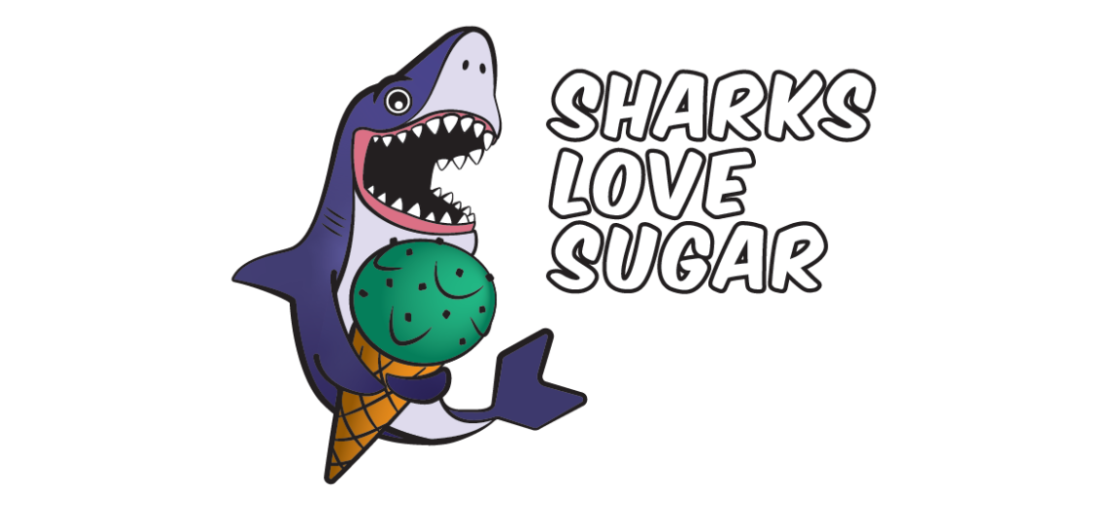 Shark holding ice cream cone with text 'Sharks Love Sugar'